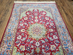 1950S PERSIAN ISFAHAN RUG, KORK WOOL ON SILK FOUNDATION - RED, MEDIUM/LIGHT BLUE, DARK VANILA - MEDALLION