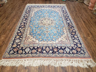 1940S PERSIAN ISFAHAN RUG 5X7, KORK WOOL ON SILK FOUNDATION, SKY BLUE - SKY BLUE, NAVY BLUE - KORK WOOL, SILK FOUNDATION