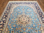 1940S PERSIAN ISFAHAN RUG 5X7, KORK WOOL ON SILK FOUNDATION, SKY BLUE - SKY BLUE, NAVY BLUE - KORK WOOL, SILK FOUNDATION