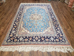 1940S PERSIAN ISFAHAN RUG 5X7, KORK WOOL ON SILK FOUNDATION, SKY BLUE - SKY BLUE, NAVY BLUE - KORK WOOL, SILK FOUNDATION