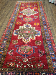 1950S ANTIQUE PERSIAN KARAJEH RUNNER RUG 4.4X11 FT, RED COLORFUL GEOMETRIC MEDALLION RUNNER