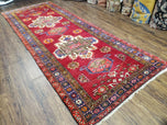 1950S ANTIQUE PERSIAN KARAJEH RUNNER RUG 4.4X11 FT, RED COLORFUL GEOMETRIC MEDALLION RUNNER