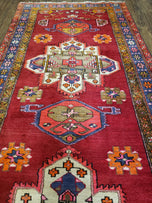 1950S ANTIQUE PERSIAN KARAJEH RUNNER RUG 4.4X11 FT, RED COLORFUL GEOMETRIC MEDALLION RUNNER
