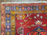 1950S ANTIQUE PERSIAN KARAJEH RUNNER RUG 4.4X11 FT, RED COLORFUL GEOMETRIC MEDALLION RUNNER