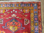 1950S ANTIQUE PERSIAN KARAJEH RUNNER RUG 4.4X11 FT, RED COLORFUL GEOMETRIC MEDALLION RUNNER