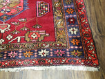 1950S ANTIQUE PERSIAN KARAJEH RUNNER RUG 4.4X11 FT, RED COLORFUL GEOMETRIC MEDALLION RUNNER