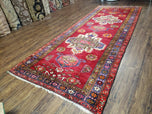 1950S ANTIQUE PERSIAN KARAJEH RUNNER RUG 4.4X11 FT, RED COLORFUL GEOMETRIC MEDALLION RUNNER