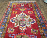 1950S ANTIQUE PERSIAN KARAJEH RUNNER RUG 4.4X11 FT, RED COLORFUL GEOMETRIC MEDALLION RUNNER