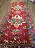 1950S ANTIQUE PERSIAN KARAJEH RUNNER RUG 4.4X11 FT, RED COLORFUL GEOMETRIC MEDALLION RUNNER