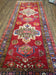1950S ANTIQUE PERSIAN KARAJEH RUNNER RUG 4.4X11 FT, RED COLORFUL GEOMETRIC MEDALLION RUNNER
