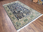 1950S SEMI ANTIQUE PERSIAN QUM TREE OF LIFE RUG, HAND-KNOTTED, WOOL, MIDNIGHT BLUE AND TAN, ANIMAL PICTORIALS, WRITTEN POEM IN BORDERS, 4' 8" X 7' 8"