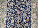 1950S SEMI ANTIQUE PERSIAN QUM TREE OF LIFE RUG, HAND-KNOTTED, WOOL, MIDNIGHT BLUE AND TAN, ANIMAL PICTORIALS, WRITTEN POEM IN BORDERS, 4' 8" X 7' 8"
