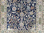 1950S SEMI ANTIQUE PERSIAN QUM TREE OF LIFE RUG, HAND-KNOTTED, WOOL, MIDNIGHT BLUE AND TAN, ANIMAL PICTORIALS, WRITTEN POEM IN BORDERS, 4' 8" X 7' 8"