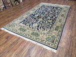 1950S SEMI ANTIQUE PERSIAN QUM TREE OF LIFE RUG, HAND-KNOTTED, WOOL, MIDNIGHT BLUE AND TAN, ANIMAL PICTORIALS, WRITTEN POEM IN BORDERS, 4' 8" X 7' 8"