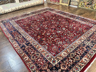 1940S SIGNED PERSIAN MASHAD RUG 8X10, WOOL ORIENTAL CARPET, SEMI ANTIQUE RUG, HAND KNOTTED, TRADITIONAL, RED, FLORAL ALLOVER,