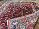 1940S SIGNED PERSIAN MASHAD RUG 8X10, WOOL ORIENTAL CARPET, SEMI ANTIQUE RUG, HAND KNOTTED, TRADITIONAL, RED, FLORAL ALLOVER,