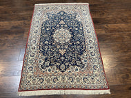 1950S FINE PERSIAN NAIN RUG 3.6X5.4 - NAVY BLUE, IVORY/CREAM, TAN - FLORAL MEDALLION