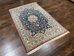 1950S FINE PERSIAN NAIN RUG 3.6X5.4 - NAVY BLUE, IVORY/CREAM, TAN - FLORAL MEDALLION