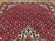 1940S VINTAGE PERSIAN HAMEDAN RUG 7X10, ANGELAS MAHI PATTERN, RED, WOOL, HAND-KNOTTED