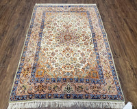 1950S VINTAGE PERSIAN ISFAHAN LACHAK TORANJ RUG, HIGHLY DETAILED, KORK WOOL ON SILK FOUNDATION, BEIGE AND DARK BLUE, HAND-KNOTTED, 3'6