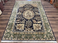 1960S WONDERFUL PERSIAN QUM RUG 6X9, ANIMAL PICTORIALS, TREE OF LIFE, DEER BIRDS, HAND KNOTTED ORIENTAL GHOM CARPET, SEMI ANTIQUE VINTAGE, NAVY BLUE GREEN