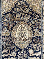 1960S WONDERFUL PERSIAN QUM RUG 6X9, ANIMAL PICTORIALS, TREE OF LIFE, DEER BIRDS, HAND KNOTTED ORIENTAL GHOM CARPET, SEMI ANTIQUE VINTAGE, NAVY BLUE GREEN