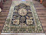 1960S WONDERFUL PERSIAN QUM RUG 6X9, ANIMAL PICTORIALS, TREE OF LIFE, DEER BIRDS, HAND KNOTTED ORIENTAL GHOM CARPET, SEMI ANTIQUE VINTAGE, NAVY BLUE GREEN