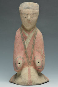 A HAN DYNASTY PAINTED POTTERY KNEELING ATTENDANT